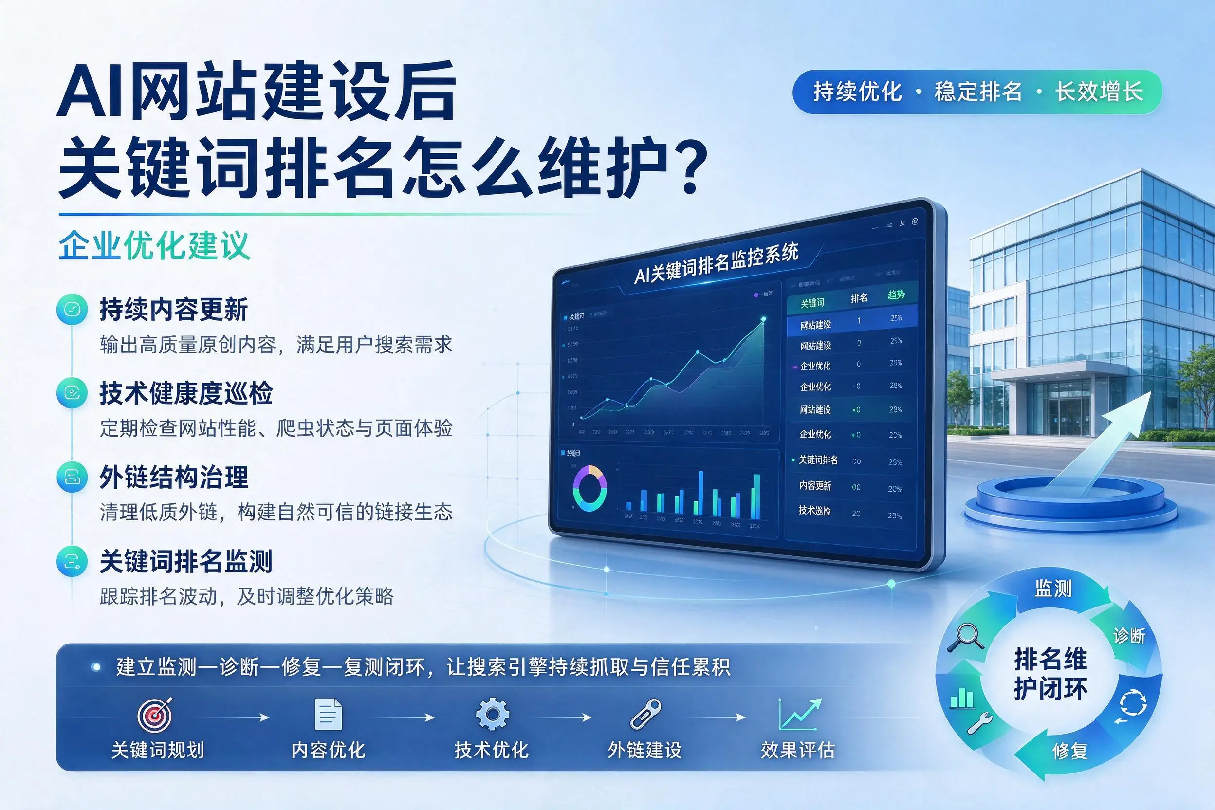AI网站建设后关键词排名怎么维护?铜陵企业优化建议