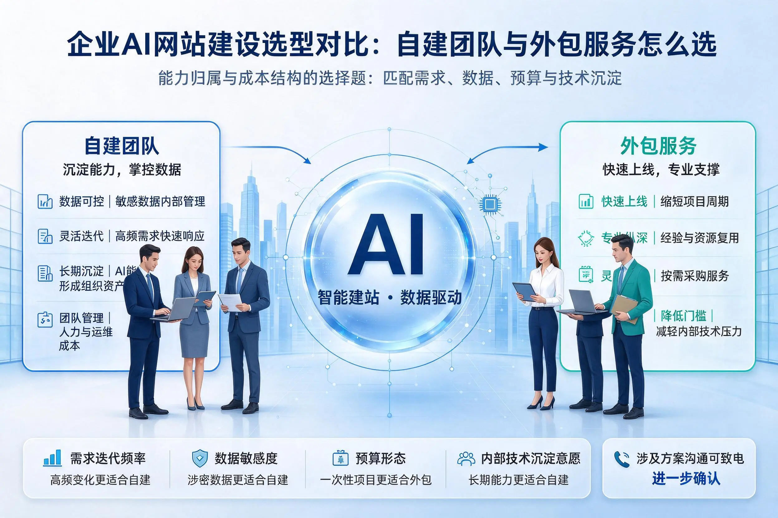 铜陵企业AI网站建设选型对比：自建团队与外包服务怎么选